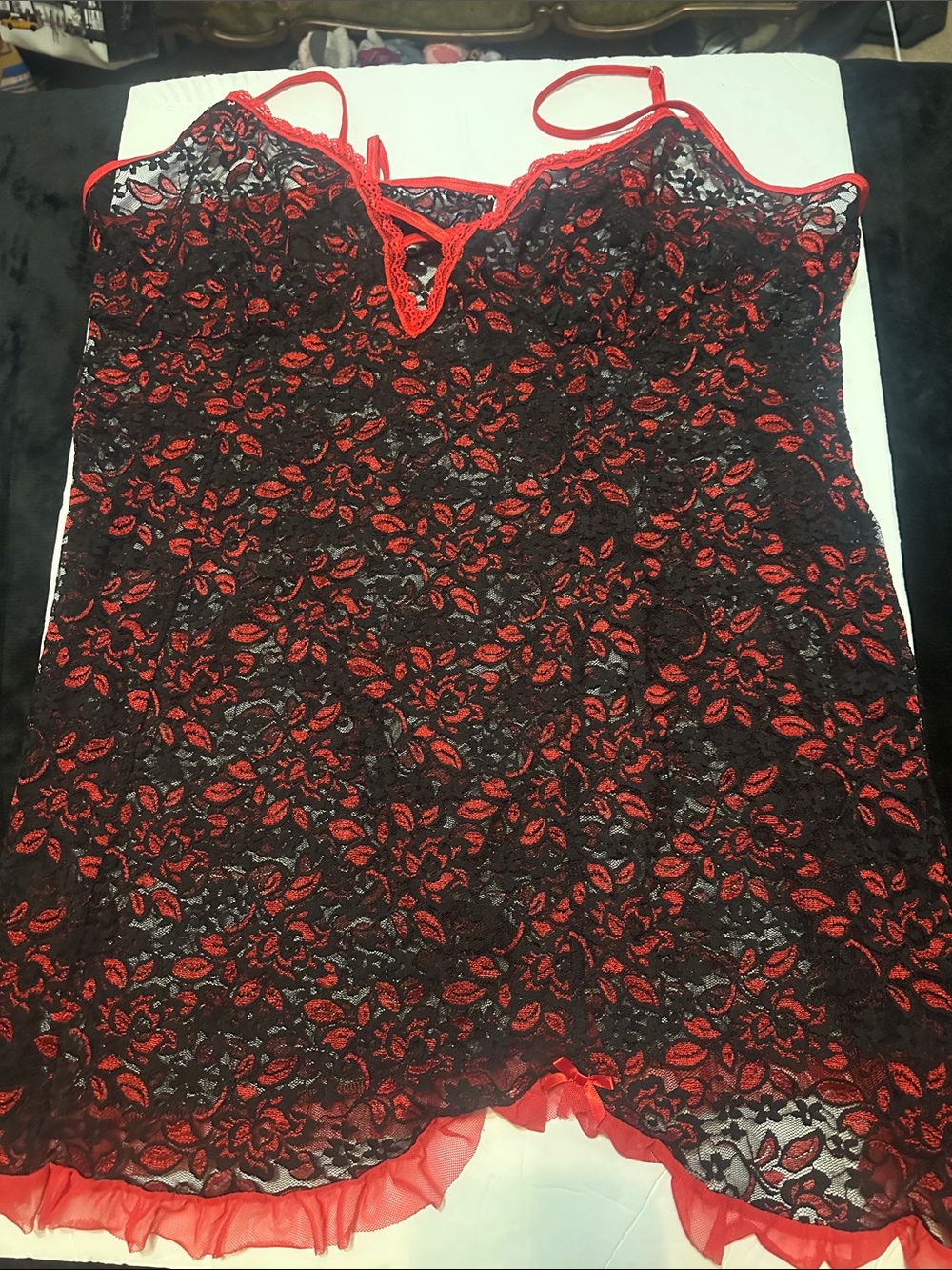 Secret Treasures Black Lace Chemise with Red Floral Accents